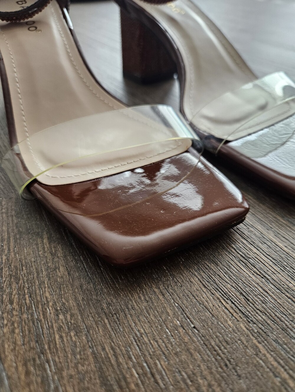 Bamboo Women's Brown Clear Vinyl Square Toe Strappy Ankle Heel Sandals Size US 7